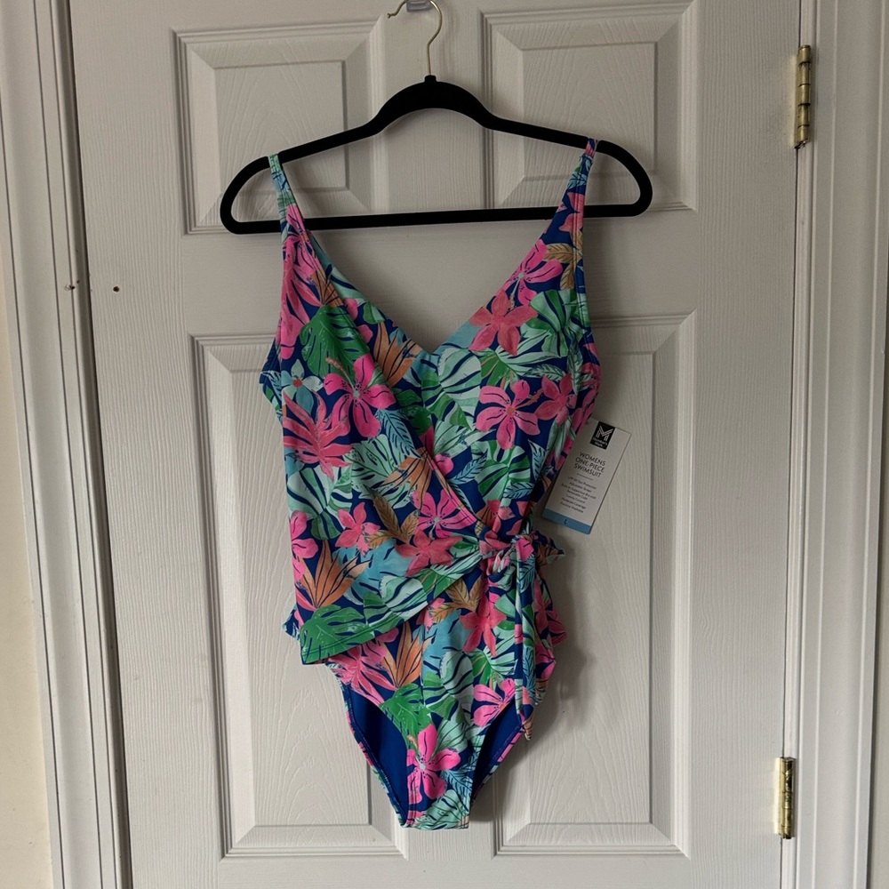 NEW Women's Tropical Floral Wrap One Piece Swimsuit Size L